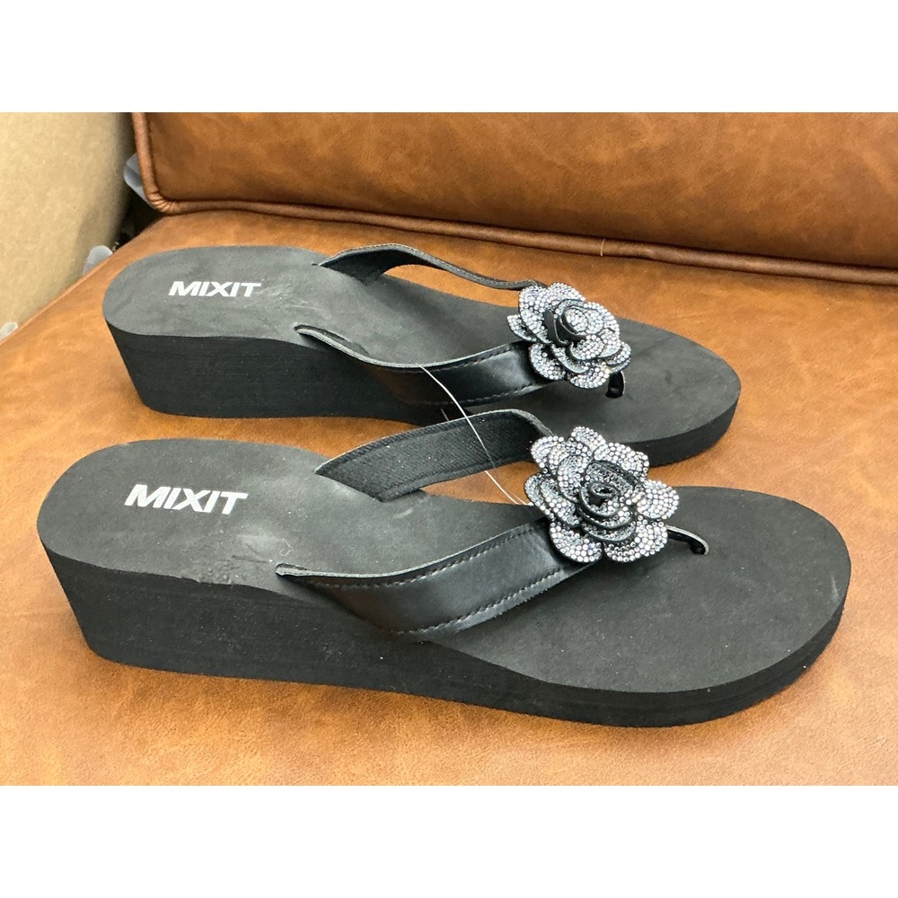 Mixit Wedge Flip Flops Women Size 9 Black New Rhinestone Flower Platform Sandals